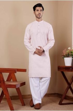 Viscose Men Kurta with Embroidered in Pink KURR335