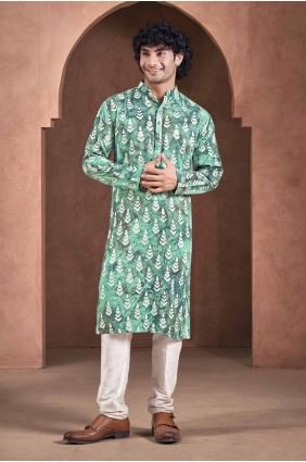 Digital print Viscose Men Kurta in Teal blue KURR273