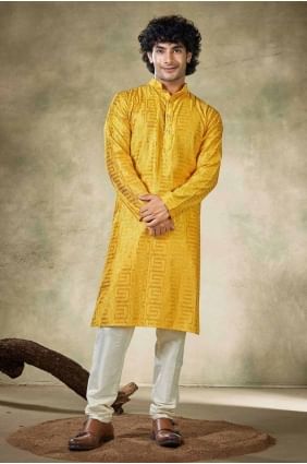 Embroidered Viscose Men Kurta in Yellow  KURR283
