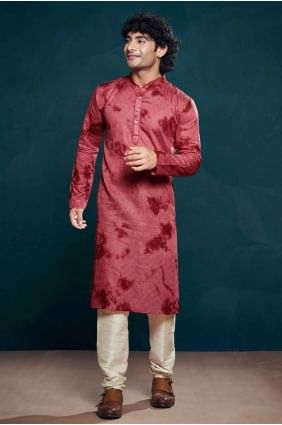 Maroon Digital print Men Kurta in Viscose KURR290