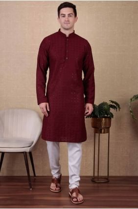 Maroon Cotton Embroidered Men Kurta with Dupatta KURR354