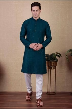 Blue Men Kurta with Embroidered Cotton KURR356