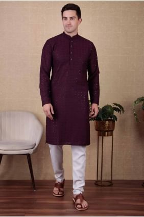 Embroidered Cotton Men Kurta in Wine  KURR358