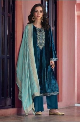 palazzo Suit in Aqua blue Velvet with Embroidered PZ4065
