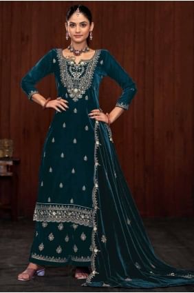 Embroidered Velvet Purple Palazzo Suit with Dupatta PZ4072