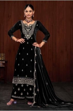 Velvet Palazzo Suit with Embroidered in Black PZ4074