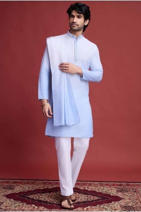 Sky blue Men Kurta with Mirror Rayon INWU0026