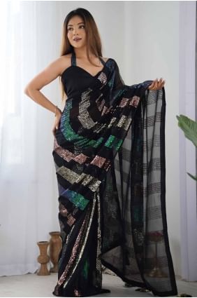 Georgette Saree in Black with Sequins SR27746