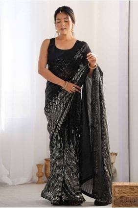 Georgette Sequins Black Saree with Blouse SR27749
