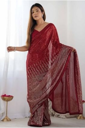 Georgette Saree in Red with Sequins SR27753