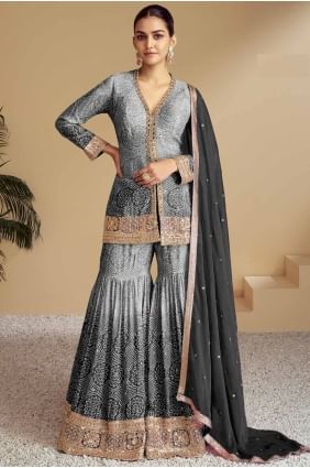 Grey Embroidered Chiffon Palazzo Suit PZ4078