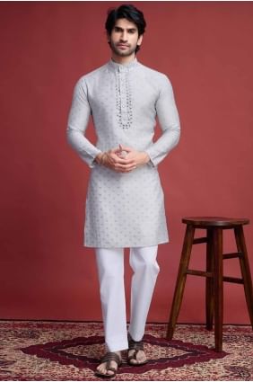 Viscose Men Kurta with Mirror in Beige KURR364