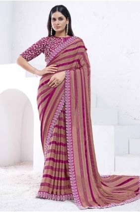 Saree in Brown & purple Georgette with Stone handwork SR27768