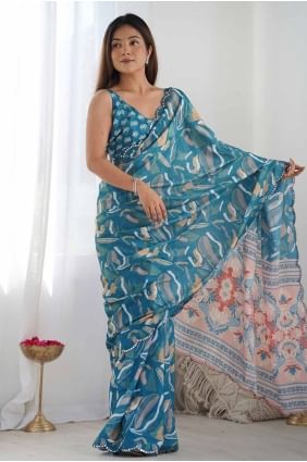 Chiffon Saree with digital print in Teal  SR27777