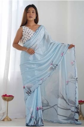 Digital print Chiffon Saree in Sky blue  SR27778