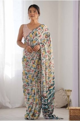 Off white digital print Saree in Chiffon SR27779