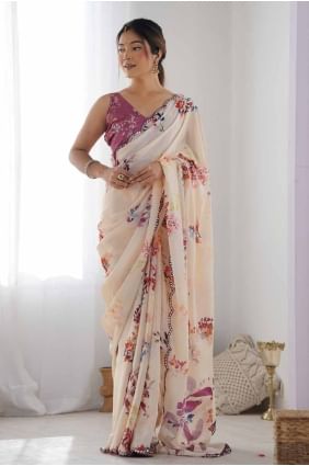 Digital print Chiffon Saree in Peach with Blouse SR27783