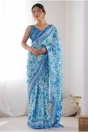 Digital print Chiffon Saree in Blue with Blouse SR27785