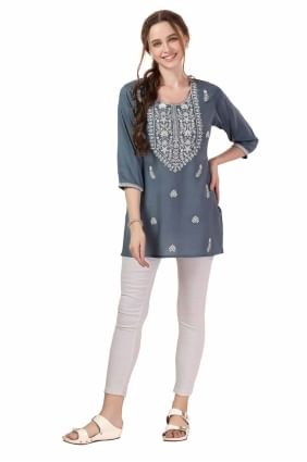 Grey Embroidered Kurti in Rayon KTI2564