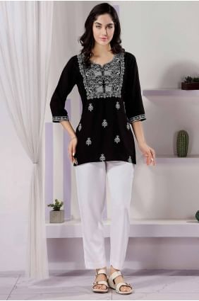 Black Kurti in Embroidered Rayon KTI2568