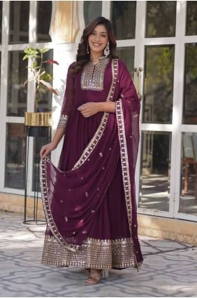 Embroidered Faux georgette Gown Dress in Wine  GW1007