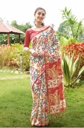 Tussar silk Printed Red Saree with Blouse SR27788