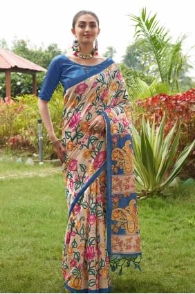 Printed Tussar silk Blue Saree with Blouse SR27790