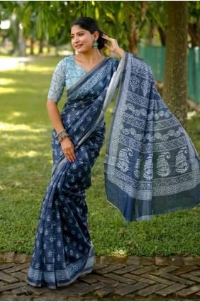 Digital print Saree in Blue Cotton SR27798