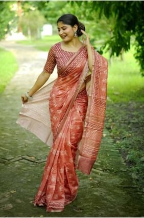 Digital print Saree in Orange  Cotton SR27801