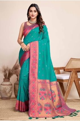 Weaving Jacquard silk Saree in Rama  with Blouse SR27805