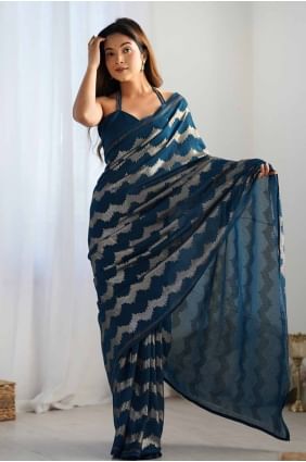 Sequins embroidered Cotton Saree in Petrol  SR27810