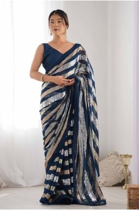Cotton Sequins embroidered Petrol  Saree with Blouse SR27815