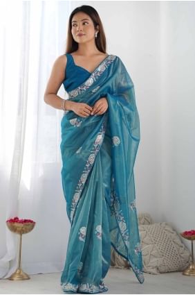 Teal blue  Sequins embroidered Saree in Net SR27818