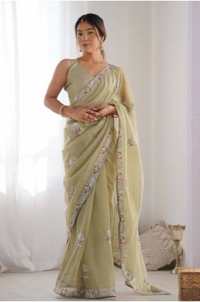 Sequins embroidered Net Saree in Pista  SR27819