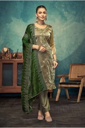 Green Straight Pant Suit with Embroidered Art silk SK154773