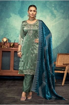 Art silk Straight Pant Suit in Sky blue  with Embroidered SK154775