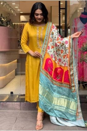 Chiffon Straight Pant Suit in Mustard with Embroidered SK154788