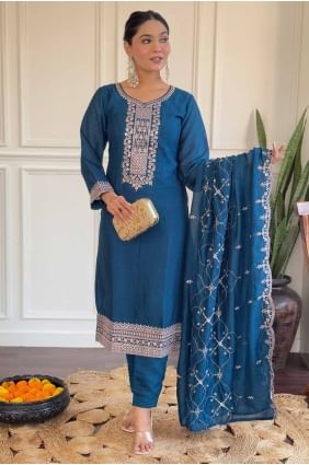 Embroidered Silk Straight Pant Suit in Blue SK154793