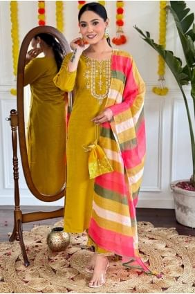 Mustard  Embroidered Straight Pant Suit in Silk SK154796