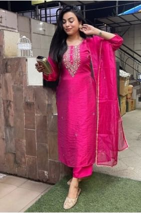 Embroidered Viscose Straight Pant Suit in Pink SK154802