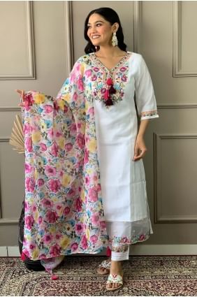 White  Embroidered Chanderi Straight Pant Suit SK154811