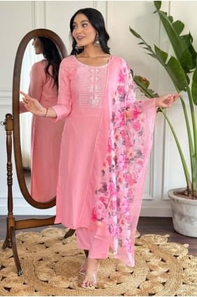 Pink Straight Pant Suit in Embroidered Rayon SK154815