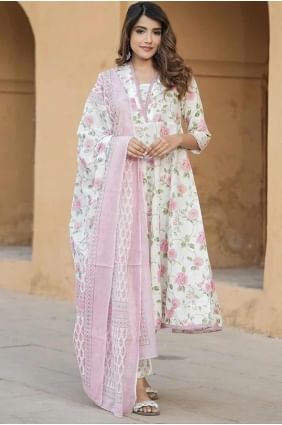 Lace Straight Pant Suit in Pink Cotton SK154845