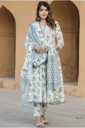Cotton Straight Pant Suit in Blue with Lace SK154846