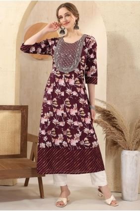 Wine Embroidered Kurti in Cotton KTI2585