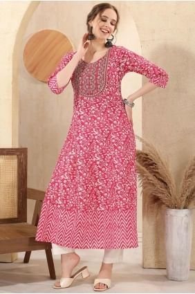 Pink Kurti in Cotton with Embroidered KTI2586