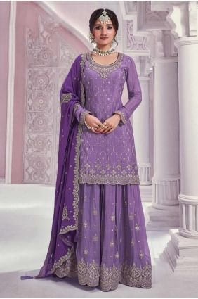 Chiffon Eid Pakistani Suit with Embroidered in Violet  SS1199