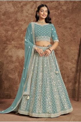 Embroidered Faux georgette  lehenga in  Sky blue  with choli LC8175