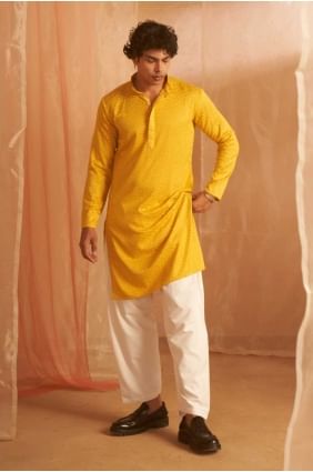 Viscose Men Kurta in Mustard  with Embroidered KURR373