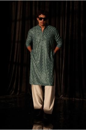 Embroidered Viscose Men Kurta in Cyan blue  with Dupatta KURR374